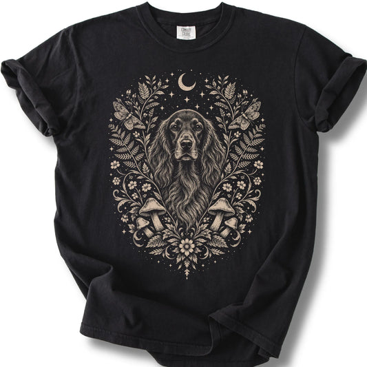 Irish Setter Cottagecore design on a black T-shirt.