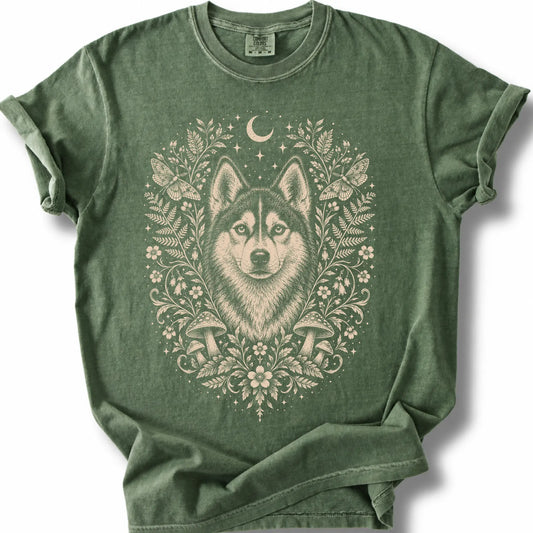 Husky Cottagecore design on a moss T-shirt.