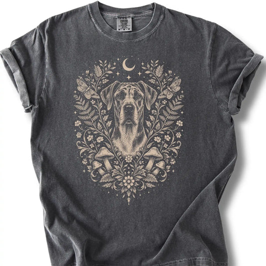 Great Dane Cottagecore design on a pepper T-shirt.
