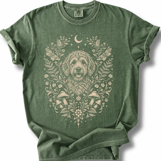 Goldendoodle Cottagecore design on a moss T-shirt.