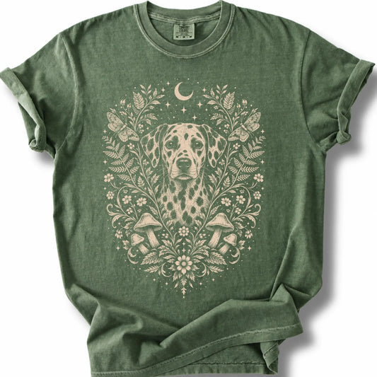 Dalmatian Cottagecore design on a moss T-shirt.