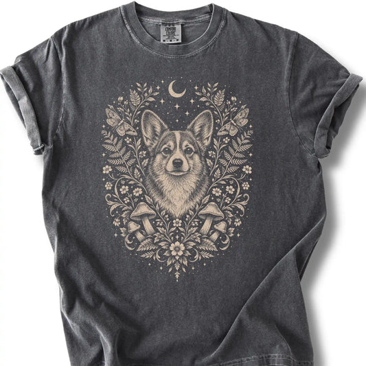 Corgi Cottagecore design on a pepper T-shirt.