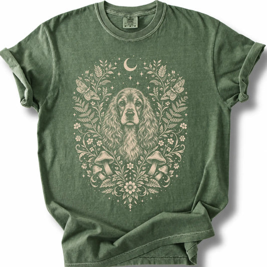 Cocker Spaniel Cottagecore design on a moss T-shirt.