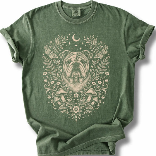 Bulldog Cottagecore design on a moss T-shirt.