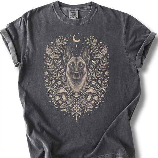 Belgian Malinois Cottagecore design on a pepper T-shirt.