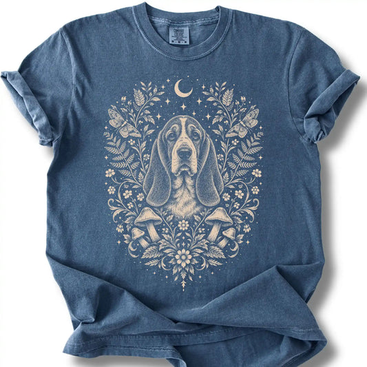 Basset Hound Cottagecore design on a denim T-shirt.