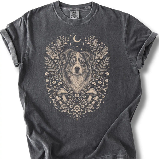 Australian Shepherd Cottagecore design on a pepper T-shirt.