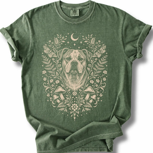 American Bulldog Cottagecore design on a moss T-shirt.
