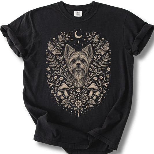 Yorkie Cottagecore design on a black T-shirt.