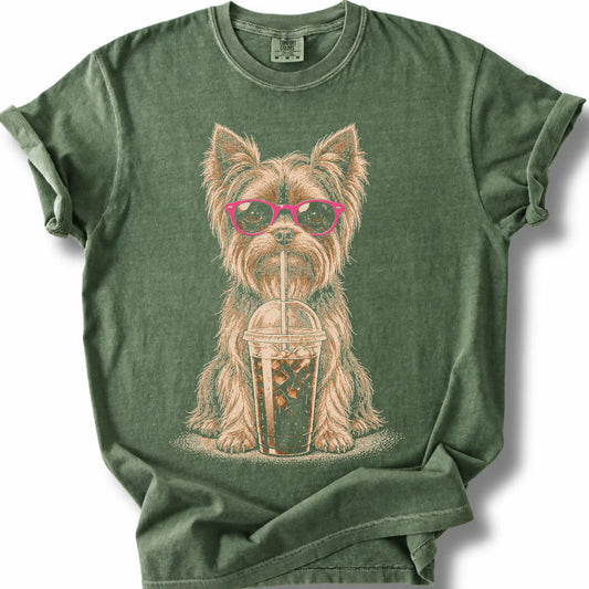 Yorkie Cold Coffee design on a moss T-shirt.