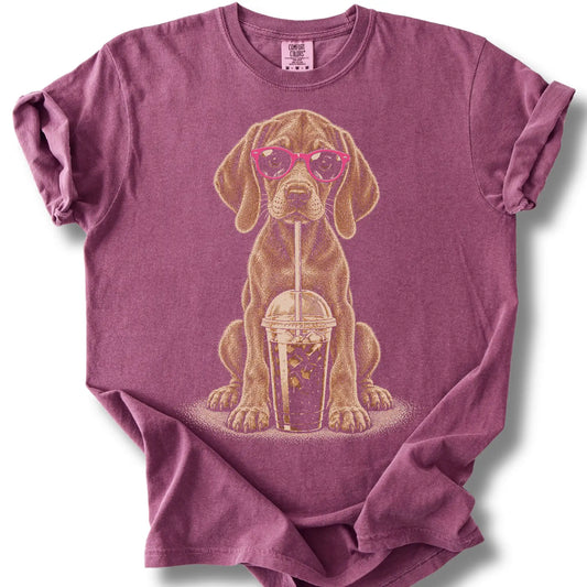 Vizsla Cold Coffee design on a berry T-shirt.