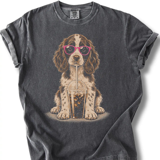 Springer Spaniel Cold Coffee design on a pepper T-shirt.
