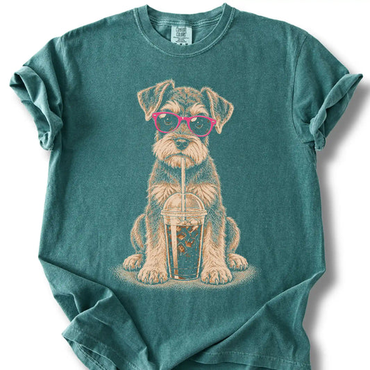 Schnauzer Cold Coffee design on a blue spruce T-shirt.