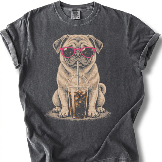 Pug Cold Coffee design on a pepper T-shirt.