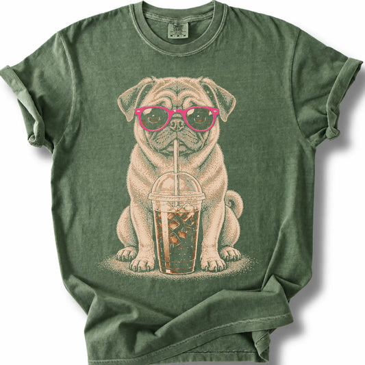 Pug Cold Coffee design on a moss T-shirt.