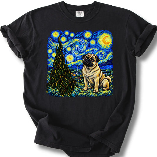 Pug Starry Night design on a black T-shirt.
