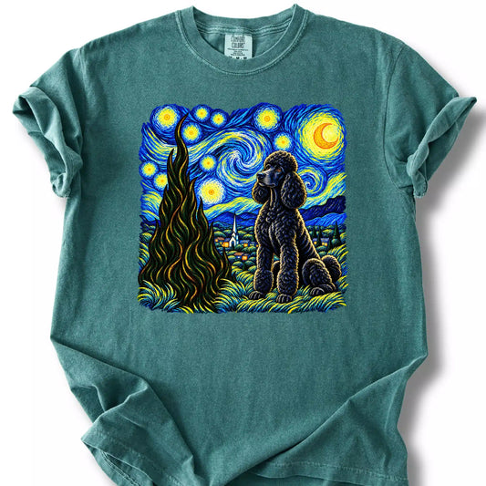 Poodle Starry Night design on a blue spruce T-shirt.