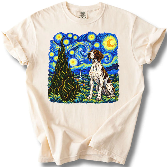 Pointer Starry Night design on a ivory T-shirt.