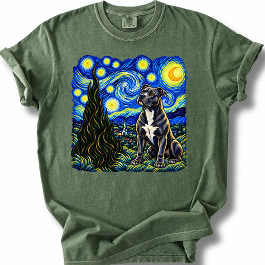Pitbull Starry Night design on a moss T-shirt.