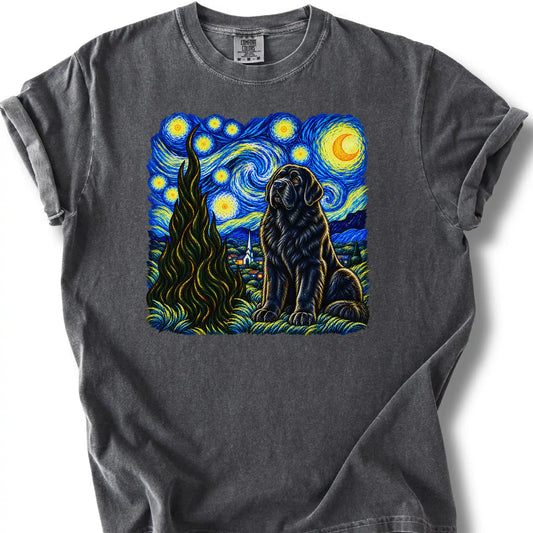 Newfie Starry Night design on a pepper T-shirt.