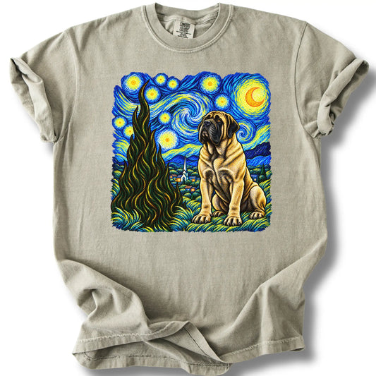 Mastiff Starry Night design on a sandstone T-shirt.