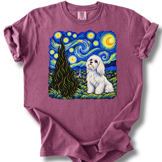 Maltese Starry Night design on a berry T-shirt.
