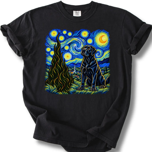 Labrador Retriever Starry Night design on a black T-shirt.