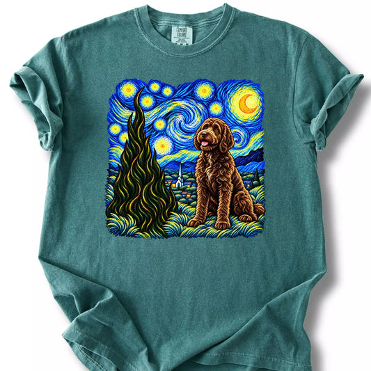 Labradoodle Starry Night design on a blue spruce T-shirt.