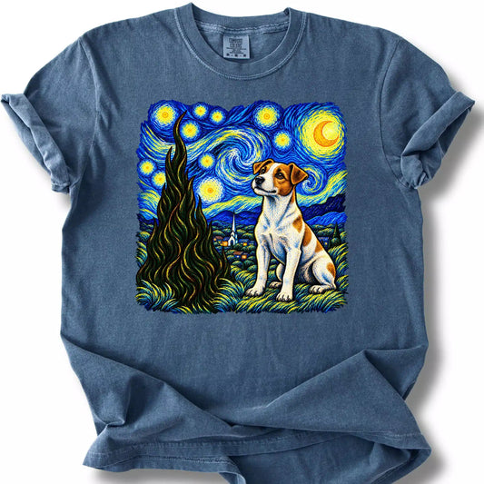 Jack Russell Starry Night design on a denim T-shirt.