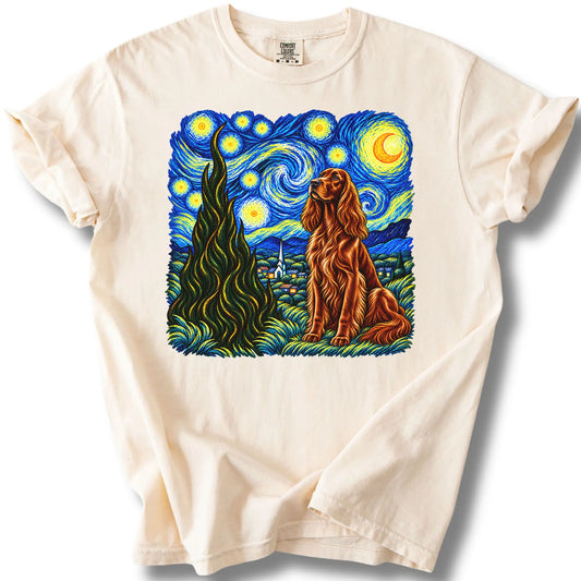 Irish Setter Starry Night design on a ivory T-shirt.