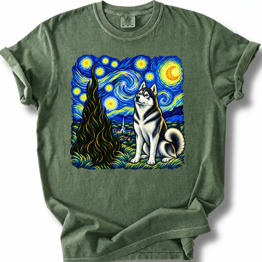 Husky Starry Night design on a moss T-shirt.