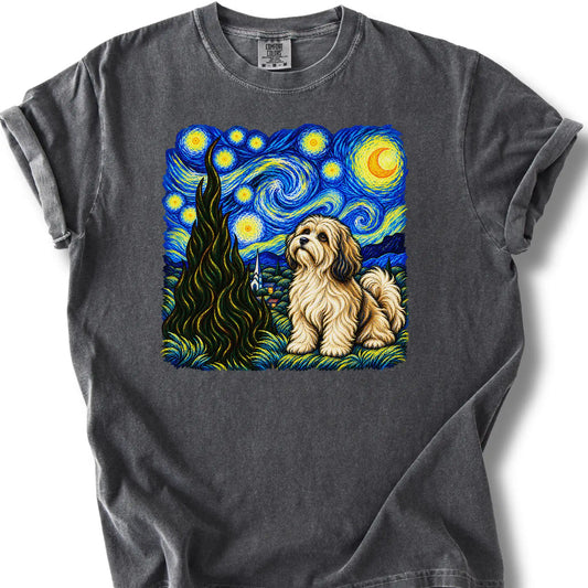 Havanese Starry Night design on a pepper T-shirt.