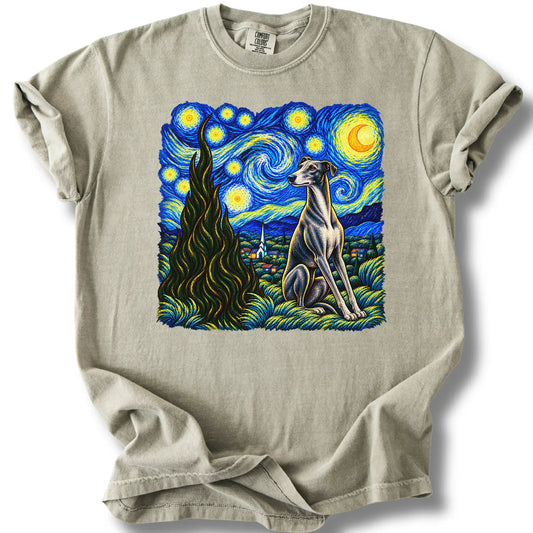 Greyhound Starry Night design on a sandstone T-shirt.