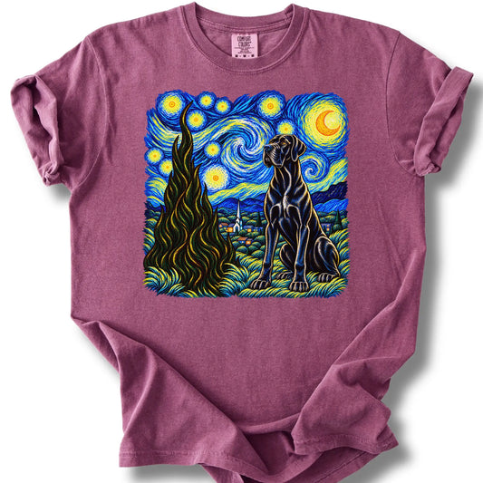Great Dane Starry Night design on a berry T-shirt.