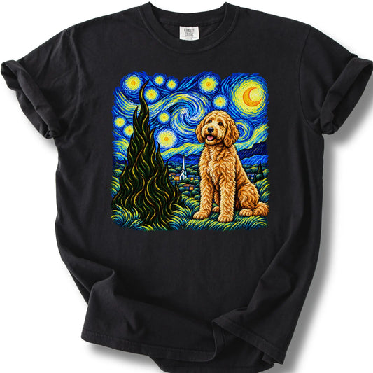 Goldendoodle Starry Night design on a black T-shirt.