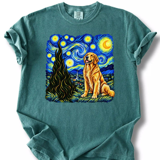 Golden Retriever Starry Night design on a blue spruce T-shirt.
