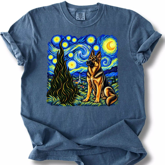 German Shepherd Starry Night design on a denim T-shirt.