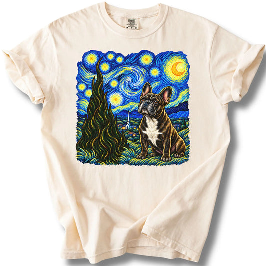 French Bulldog Starry Night design on a ivory T-shirt.