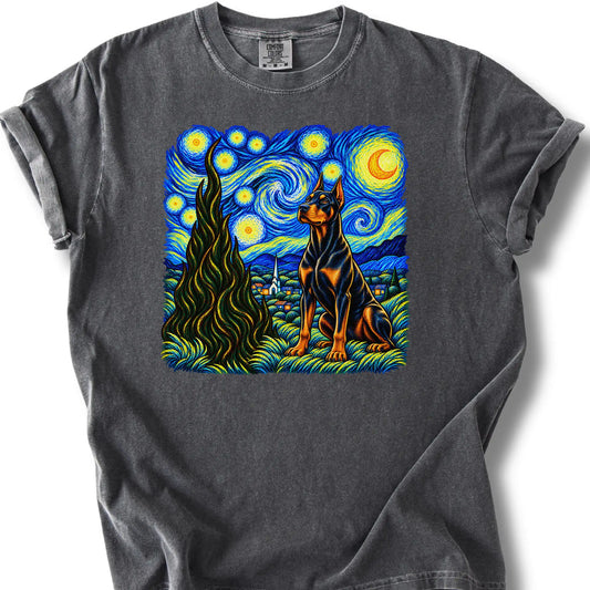 Doberman Starry Night design on a pepper T-shirt.