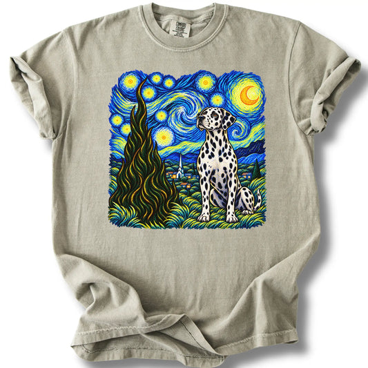 Dalmatian Starry Night design on a sandstone T-shirt.