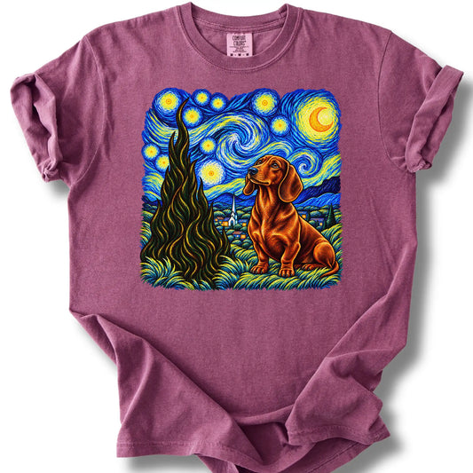 Dachshund Starry Night design on a berry T-shirt.
