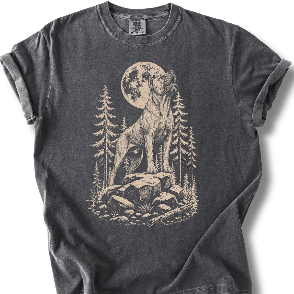 Cane Corso howling beneath the moon on a pepper T-shirt.