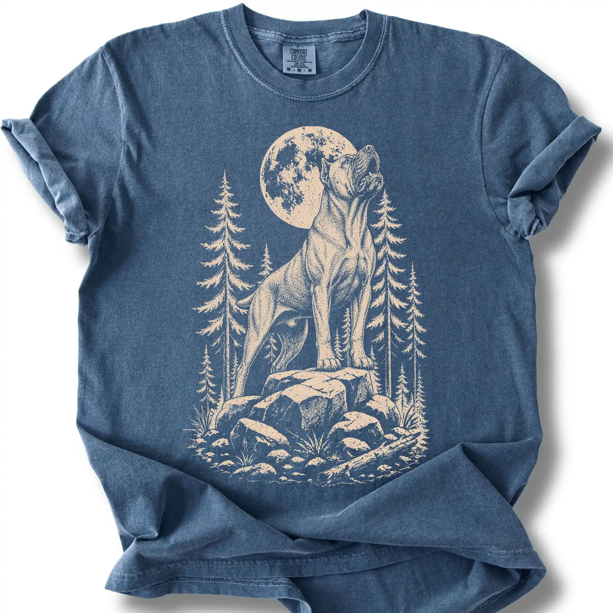 Cane Corso howling beneath the moon on a denim T-shirt.