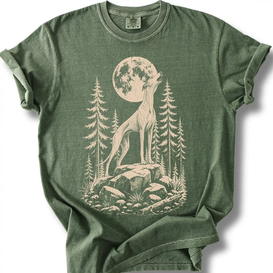 Greyhound howling beneath the moon on a moss T-shirt.