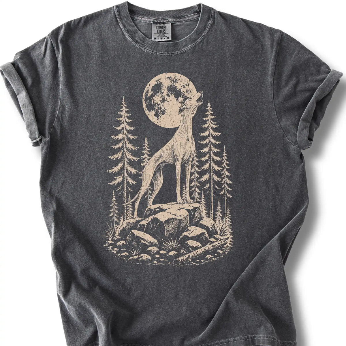 Greyhound howling beneath the moon on a pepper T-shirt.