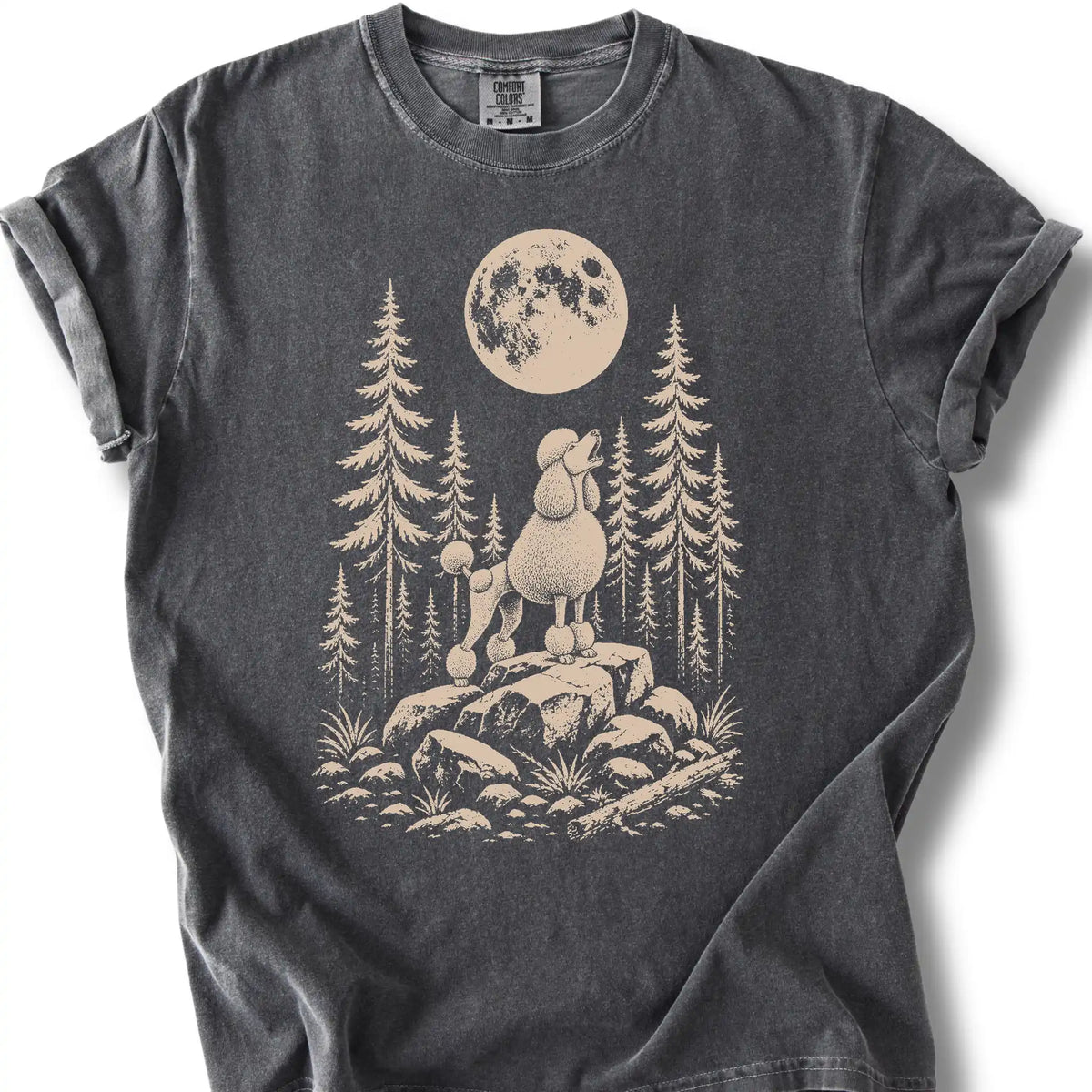 Standard Poodle howling beneath the moon on a pepper T-shirt.