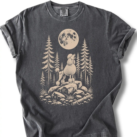 Standard Poodle howling beneath the moon on a pepper T-shirt.