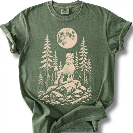 Standard Poodle howling beneath the moon on a moss T-shirt.