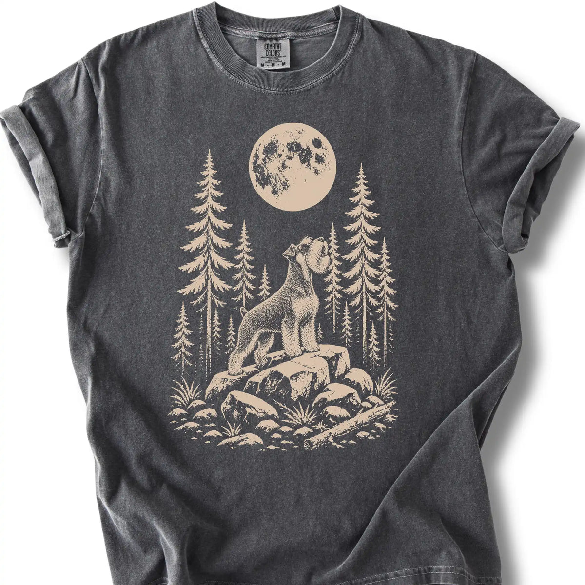 Standard Schnauzer howling beneath the moon on a pepper T-shirt.