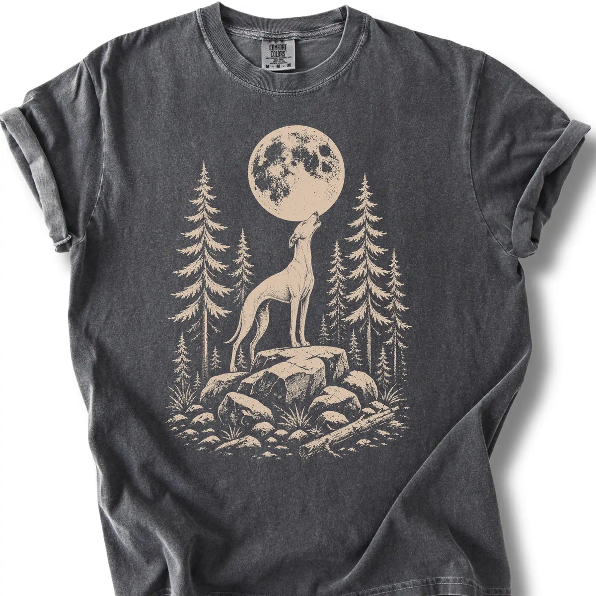 Whippet howling beneath the moon on a pepper T-shirt.